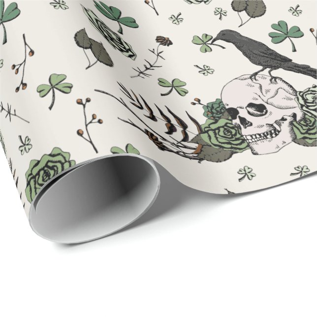 Green Skull and Roses Pattern St Patricks Day Goth Wrapping Paper (Roll Corner)