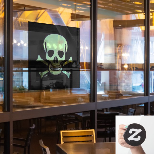 Green Skull black lg sq window cling front stick (Restaurant Window)