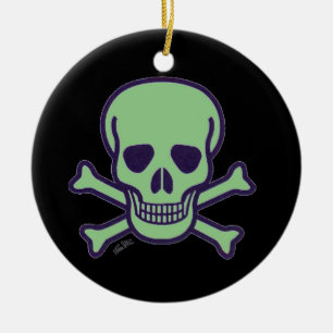Green Skull black round ceramic ornament