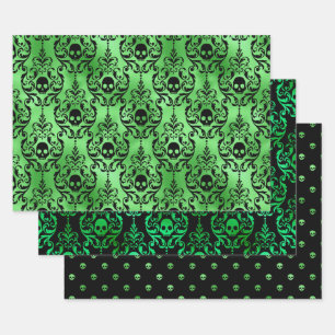 Green Skull Halloween Damask Pattern Wrapping Paper Sheet