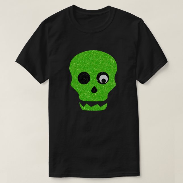 Green Skull Halloween Glitter T-Shirt (Design Front)