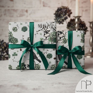 Green Skull Roses St Patricks Day Wrapping Paper