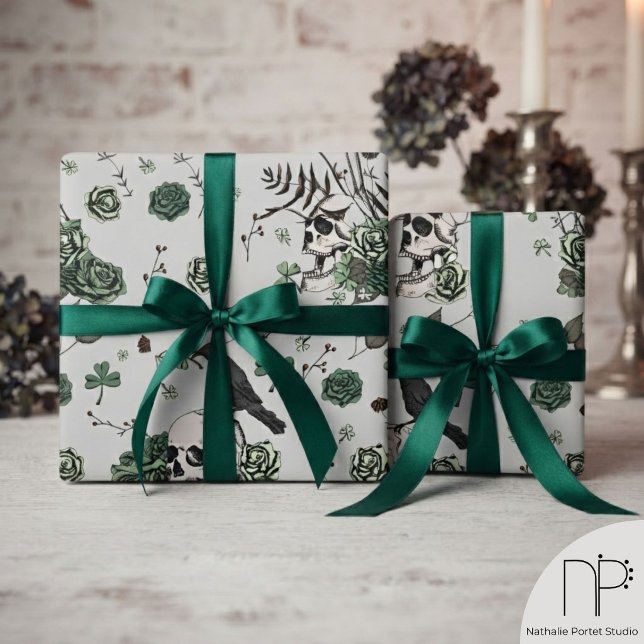 Green Skull Roses St Patricks Day Wrapping Paper (Hand-drawn green skull roses and clover St Patricks Day wrapping paper for alternative edgy gifts.)