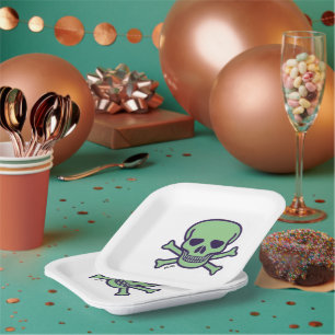Green Skull square paper plates