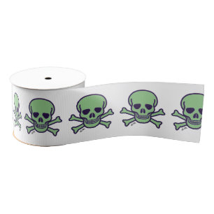 Green Skull white ribbon spool Grosgrain Ribbon