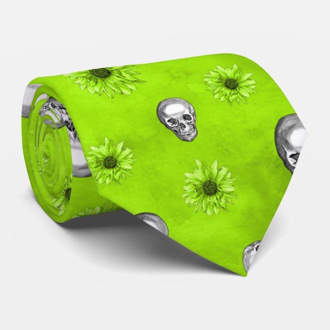 Green Skulls and Sunflower Series Design 1  Tie (Rolled)