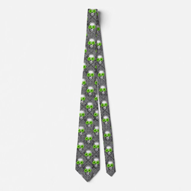 Green Skulls and Sunflower Series Design 5  Tie (Front)