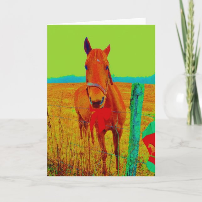 Green sky , red bow Horse : add name Holiday Card (Front)