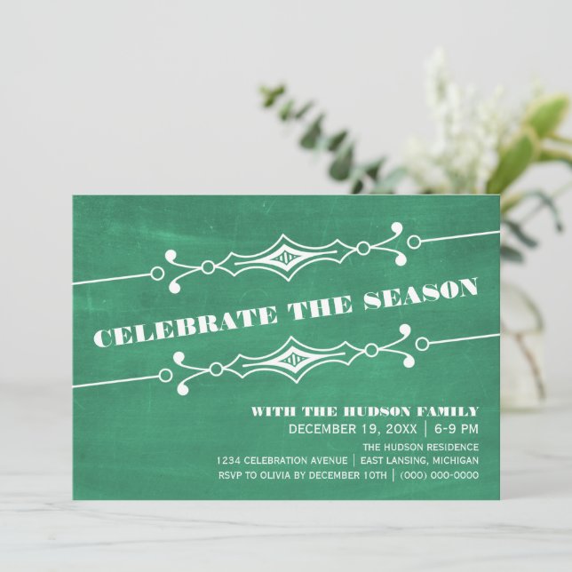Green Slanted Chalkboard Holiday Party Invite (Standing Front)