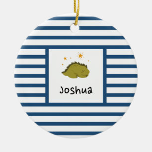 Green Sleepy Baby Dino   Dark Blue Stripe Modern Ceramic Ornament
