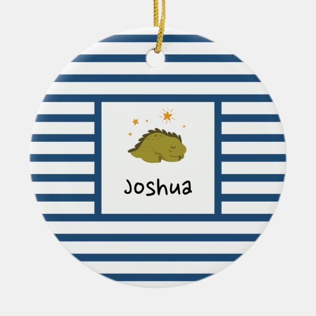 Green Sleepy Baby Dino | Dark Blue Stripe Modern Ceramic Ornament (Front)
