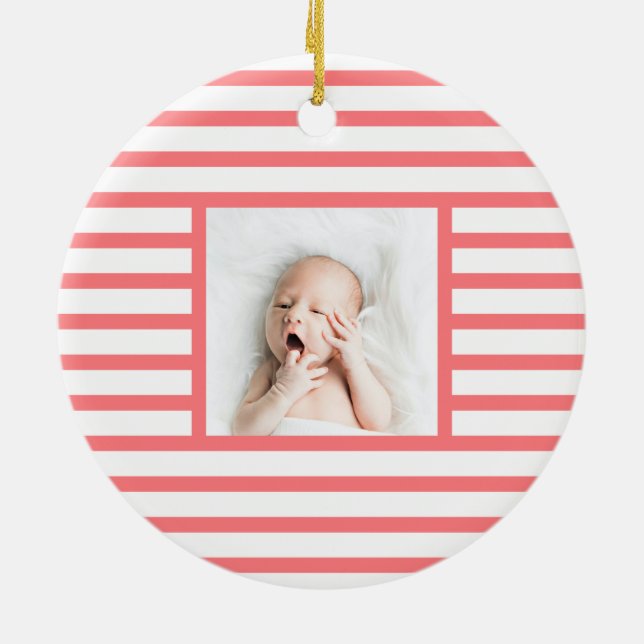 Green Sleepy Baby Dino | Pink Stripe Modern Ceramic Ornament (Back)