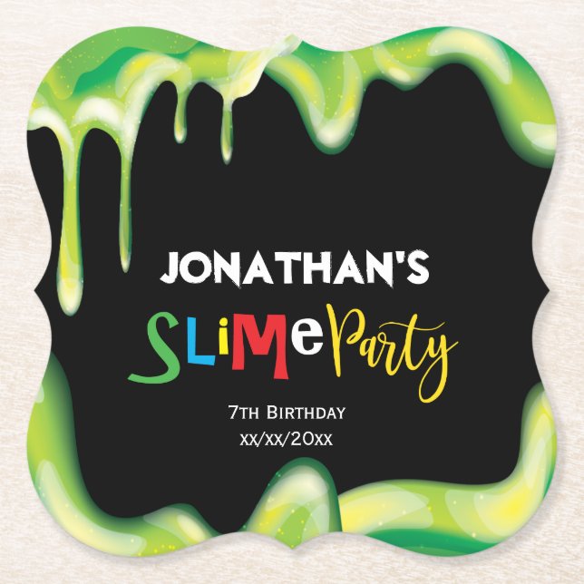 Green slime boys birthday party paper coaster (Front)