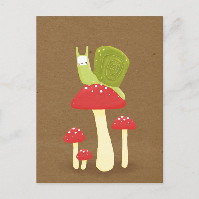 Green snail on red speckled mushrooms postcard (Front)