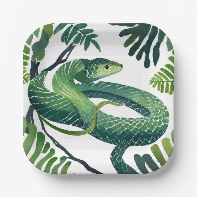 Green Snake | Year of the Snake Watercolor Paper Plate (Front)