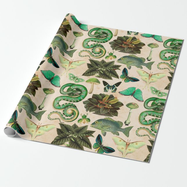 Green Snakes Fish and Butterfly Wrapping Paper (Unrolled)