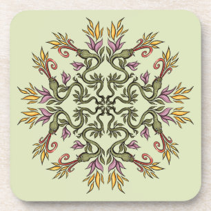 Green Snakes Floral Mandala Botanical Fantasy Art Coaster