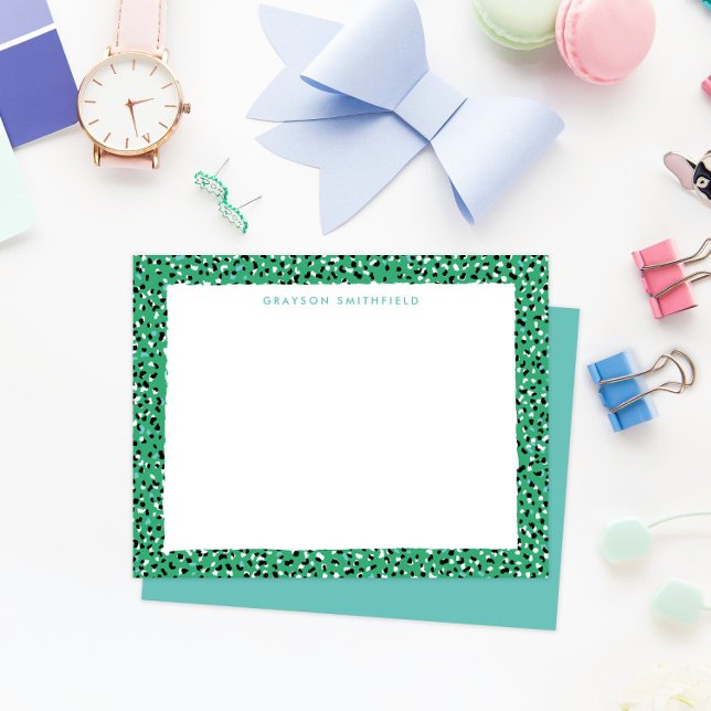 Green Snow Leopard Print Personal Stationery Card (fun colorful green and teal leopard print border frame personal stationery note cards)