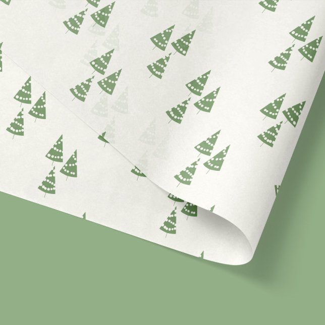 Green Snow Tree Pattern for Holiday Christmas Tissue Paper (scattered christmas tree pattern in green over white vellum tissue paper)