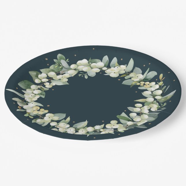 Green Snowberry Christmas Wreath Holiday Party Paper Plate (Angled)