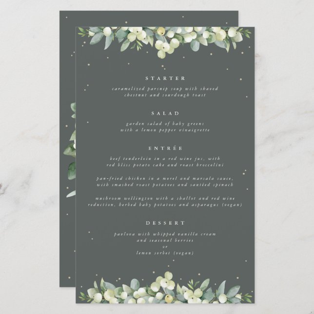 Green Snowberry+Eucalyptus 4 Course Wedding Menu (Front/Back)