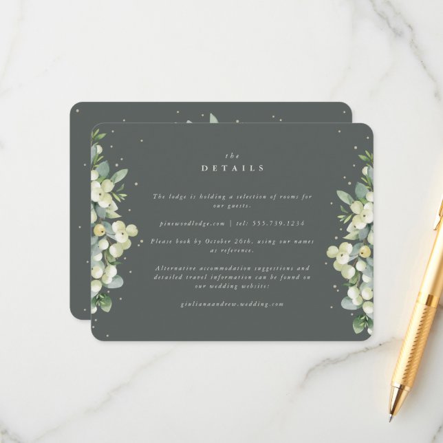 Green Snowberry+Eucalyptus Edged Wedding Details Enclosure Card (Front/Back In Situ)