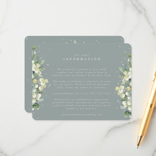 Green Snowberry+Eucalyptus Edged Wedding Info Enclosure Card (Front/Back In Situ)
