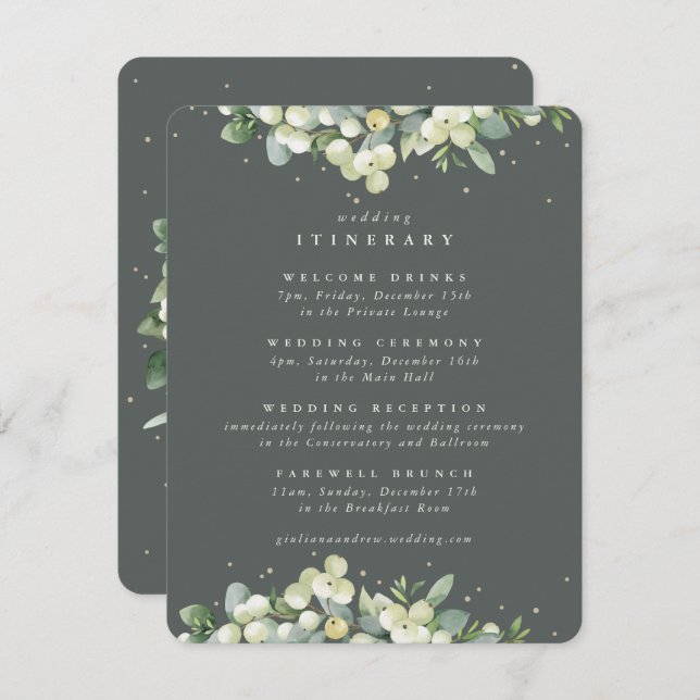 Green Snowberry+Eucalyptus Edged Wedding Itinerary Enclosure Card (Front/Back)