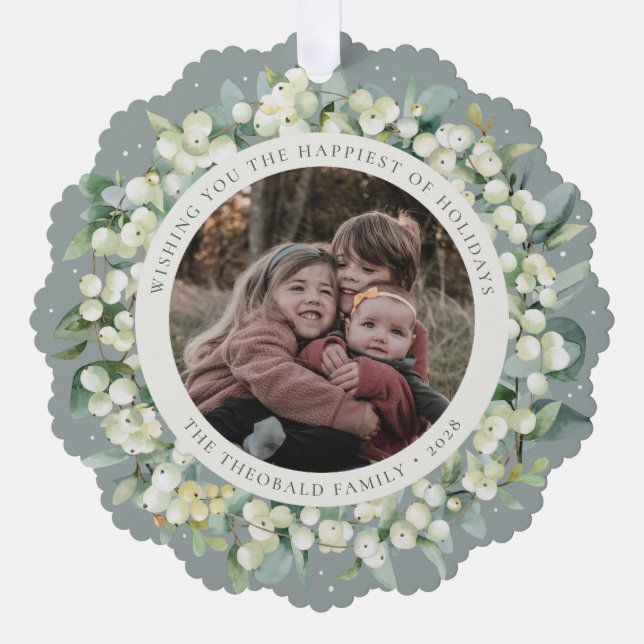 Green Snowberry+Eucalyptus Holiday Wreath Photo  Tree Decoration Card (Front)