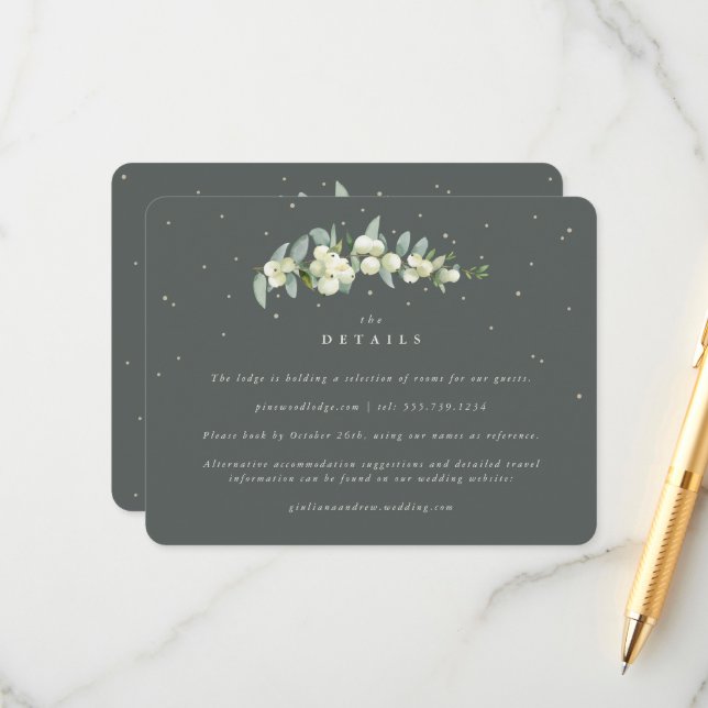 Green Snowberry+Eucalyptus Stem Wedding Details Enclosure Card (Front/Back In Situ)