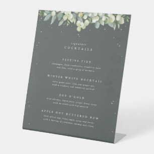 Green Snowberry+Eucalyptus Wedding Drinks Menu Pedestal Sign