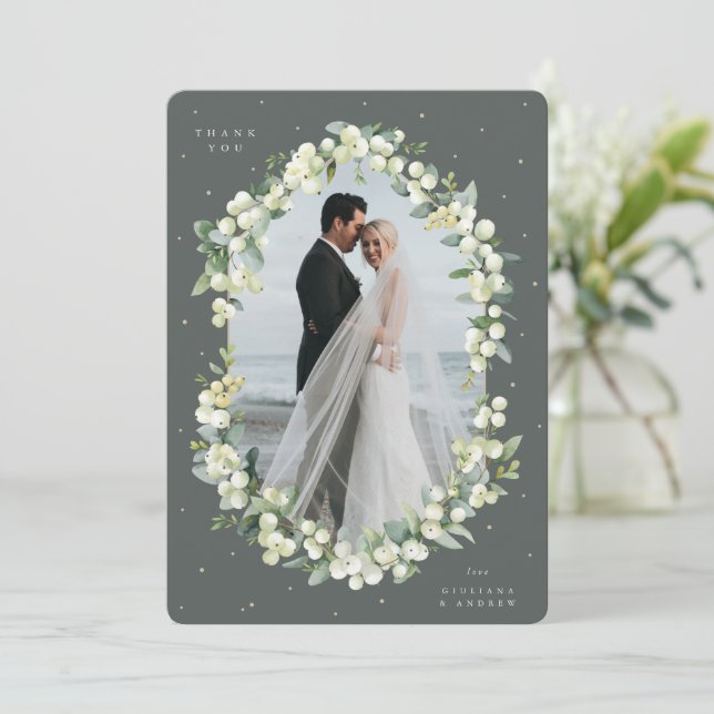 Green Snowberry+Eucalyptus Wedding Flat Photo Thank You Card (Standing Front)
