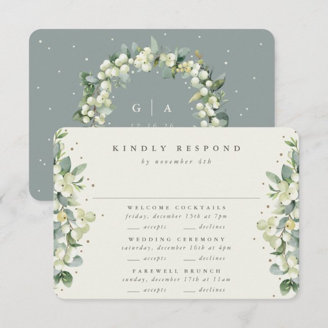 Green Snowberry+Eucalyptus Wedding Multi-Event RSVP Card (Front/Back)