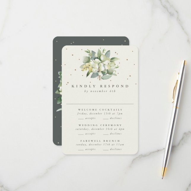 Green Snowberry+Eucalyptus Wedding Multi-Event RSVP Card (Front/Back In Situ)