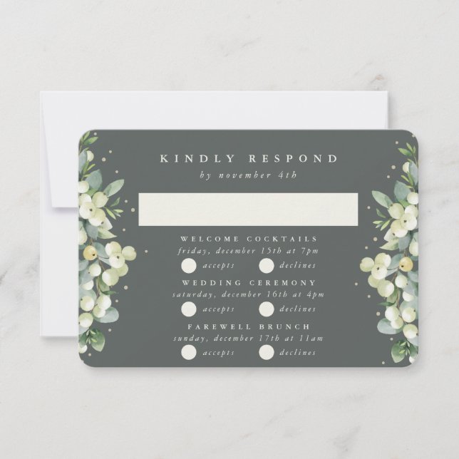 Green Snowberry+Eucalyptus Wedding Multi-Event RSVP Card (Front)
