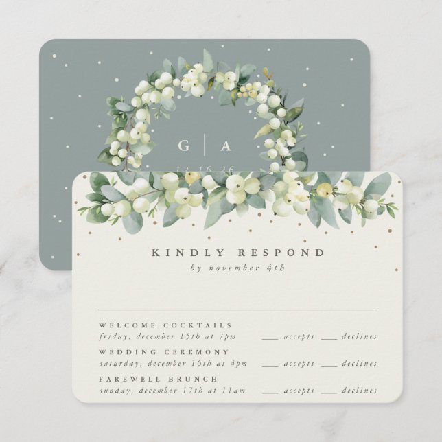 Green Snowberry+Eucalyptus Wedding Multi-Event RSVP Card (Front/Back)