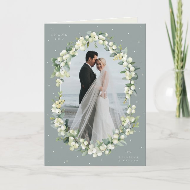 Green Snowberry+Eucalyptus Wedding Photo Folded Thank You Card (Front)