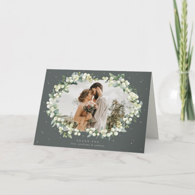 Green Snowberry+Eucalyptus Wedding Photo Thank You Card (Front)