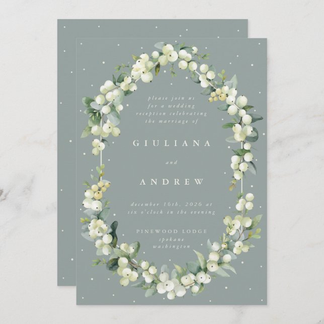 Green Snowberry+Eucalyptus Wedding Reception Only Invitation (Front/Back)