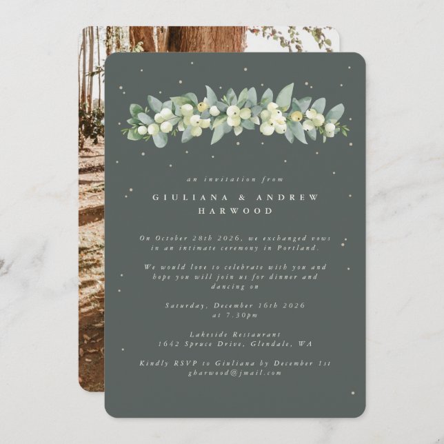 Green Snowberry+Eucalyptus Wedding Reception Photo Invitation (Front/Back)