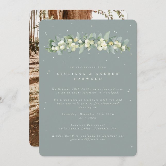 Green Snowberry+Eucalyptus Wedding Reception Photo Invitation (Front/Back)