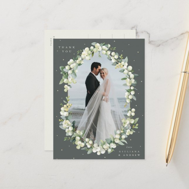 Green Snowberry+Eucalyptus Wedding Thank You Photo Postcard (Front/Back In Situ)