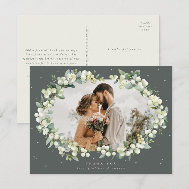 Green Snowberry+Eucalyptus Wedding Thank You Photo Postcard (Front/Back)