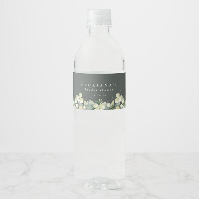 Green Snowberry+Eucalyptus Winter Bridal Shower Water Bottle Label (Front)