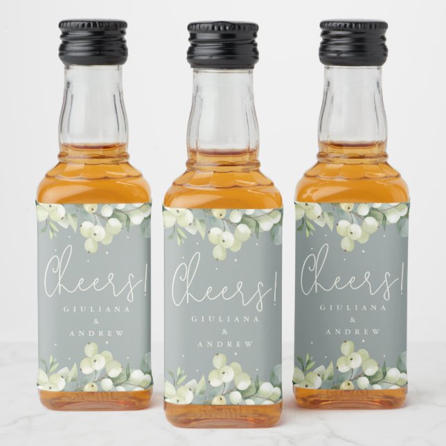 Green Snowberry+Eucalyptus Winter Wedding Mini Liquor Bottle Label (Bottles)
