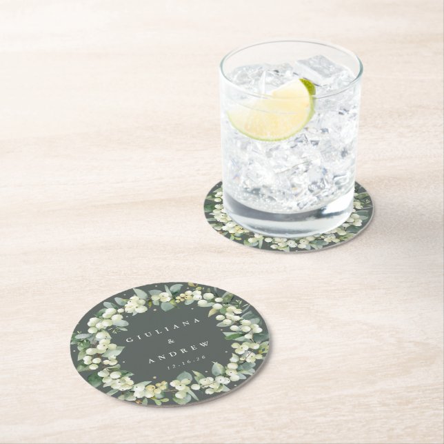 Green Snowberry & Eucalyptus Winter Wedding  Round Paper Coaster (Insitu)