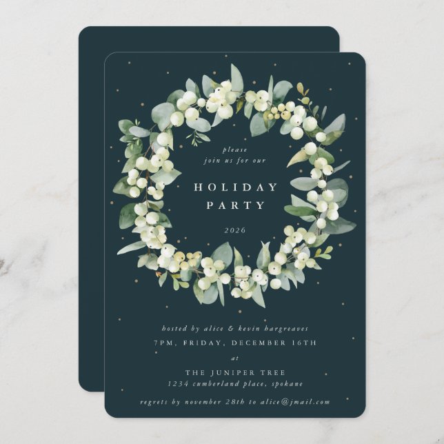 Green Snowberry+Eucalyptus Wreath Holiday Party Invitation (Front/Back)