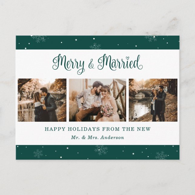 Green Snowflake Botanical Newlywed Photo Holiday Postcard (Front)