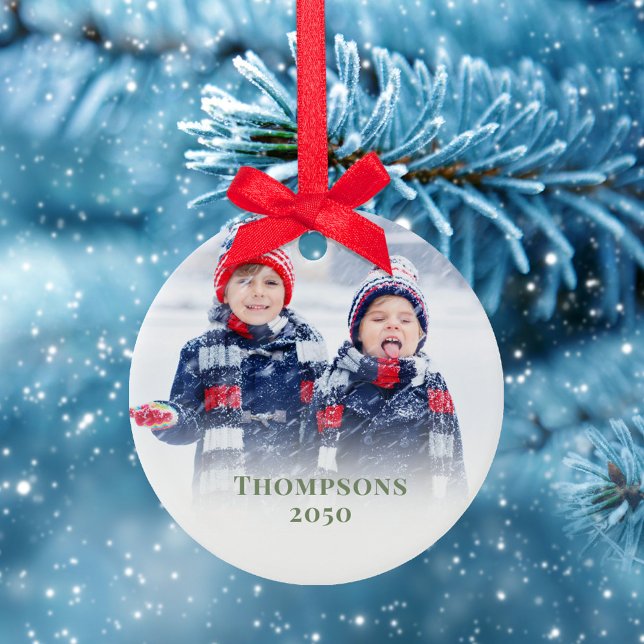 Green Snowflake Christmas Photo Custom Ceramic Ornament (Christmas photo ornament with a full bleed photo template with red block style editable lettering.)