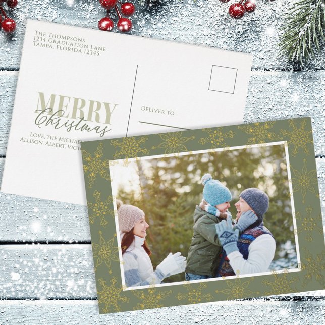 Green Snowflake Christmas Photo Gold Foil Holiday Postcard (Creator Uploaded)